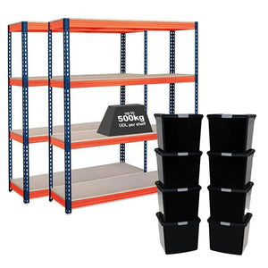 2x CRW Heavy Duty Shelving - 2200mm High - Blue & Orange with 8x 37L Wham DIY Plastic Storage Boxes