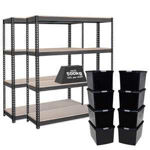 2x CRW Heavy Duty Shelving - 2200mm High - Grey with 8x 62L Wham DIY Plastic Storage Boxes