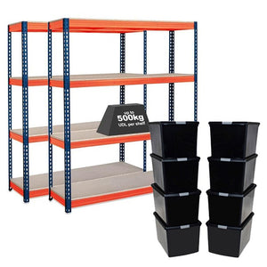 2x CRW Heavy Duty Shelving - 2200mm High - Blue & Orange with 8x 62L Wham DIY Plastic Storage Boxes