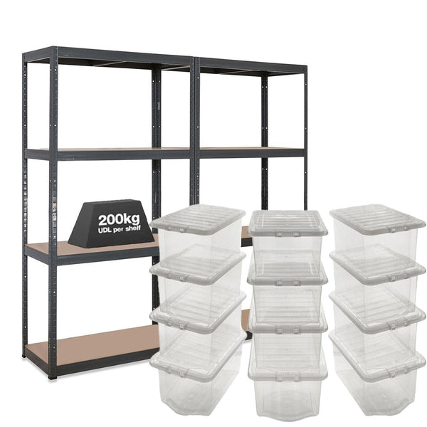 2x VRS Shelving Unit - 1600mm High - Grey with 12x 60L Wham Plastic Storage Boxes