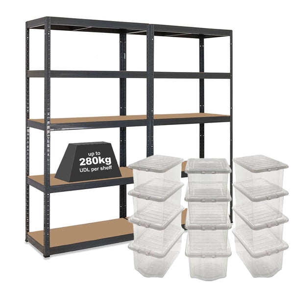 2x VRS Shelving Unit - 1800mm High - Grey with 12x 60L Wham Plastic Storage Boxes