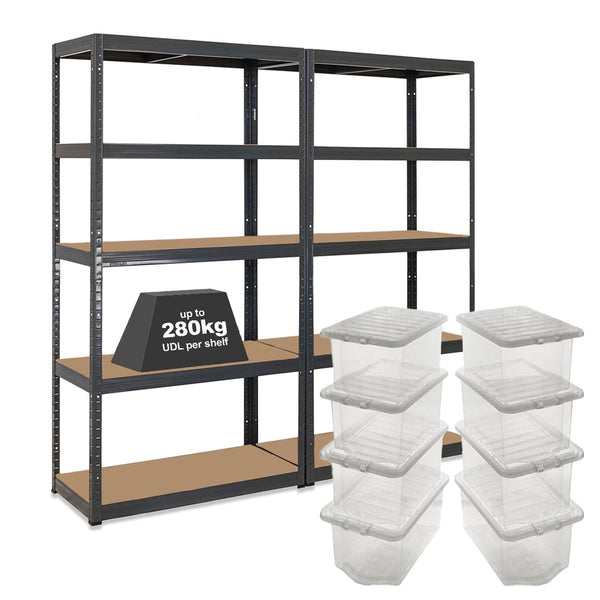 2x VRS Shelving Unit - 1800mm High - Grey with 8x 60L Wham Plastic Storage Boxes