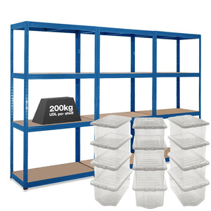 3x VRS Shelving Unit - 1600mm High - Blue with 12x 60L Wham Plastic Storage Boxes