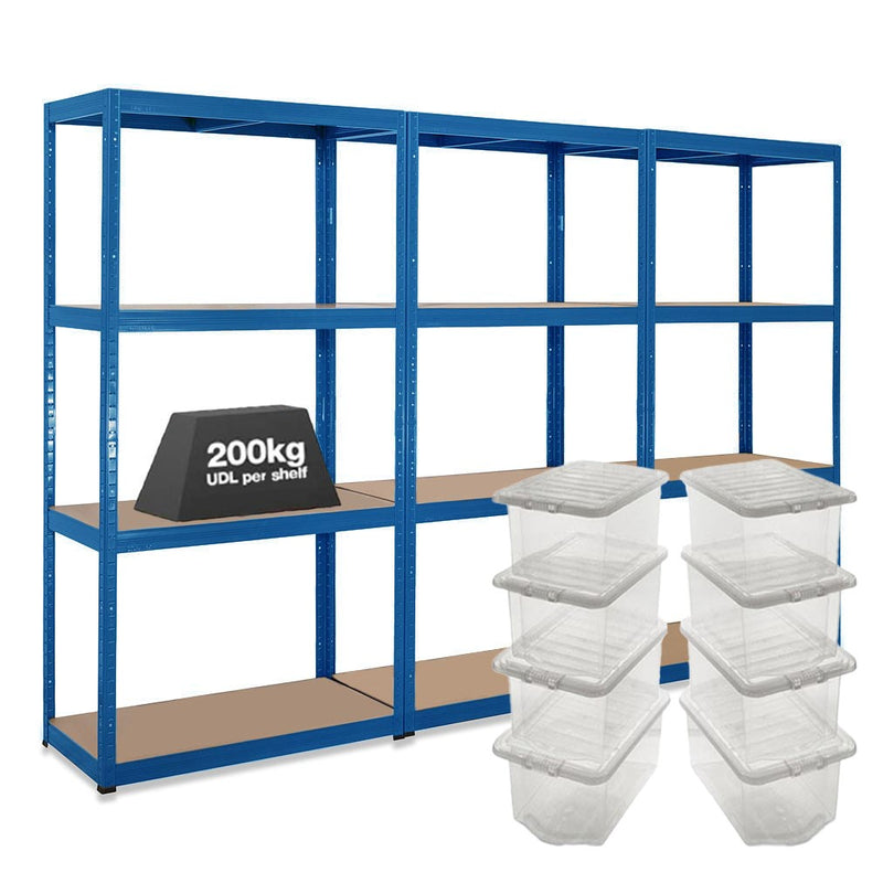 3x VRS Shelving Unit - 1600mm High - Blue with 8x 60L Wham Plastic Storage Boxes