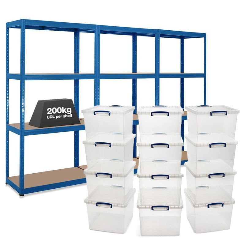 3x VRS Shelving Units - 1600mm High - Blue with 12x 33.5L Really Useful Boxes