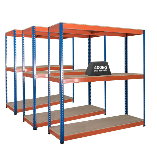 3x SX400 Industrial Shelving - 1980mm High - 400kg - Chipboard - Blue & Orange