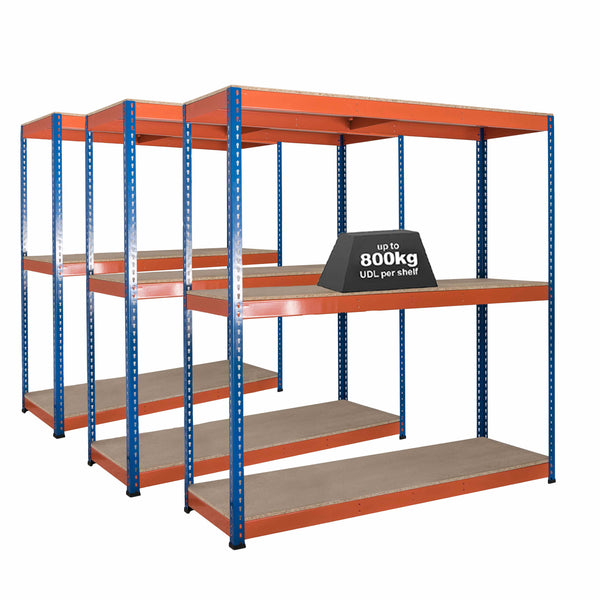 3x SX800 Industrial Shelving - 1980mm High - 800kg - Chipboard - Blue & Orange