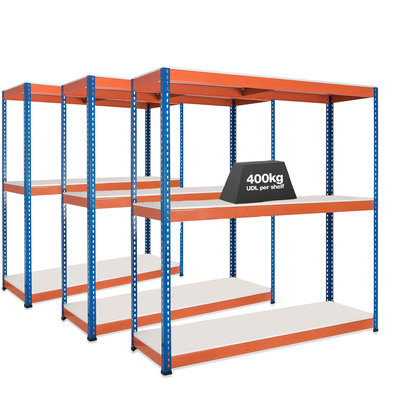 3x SX400 Industrial Shelving - 1677mm High - 400kg - Melamine - Blue & Orange