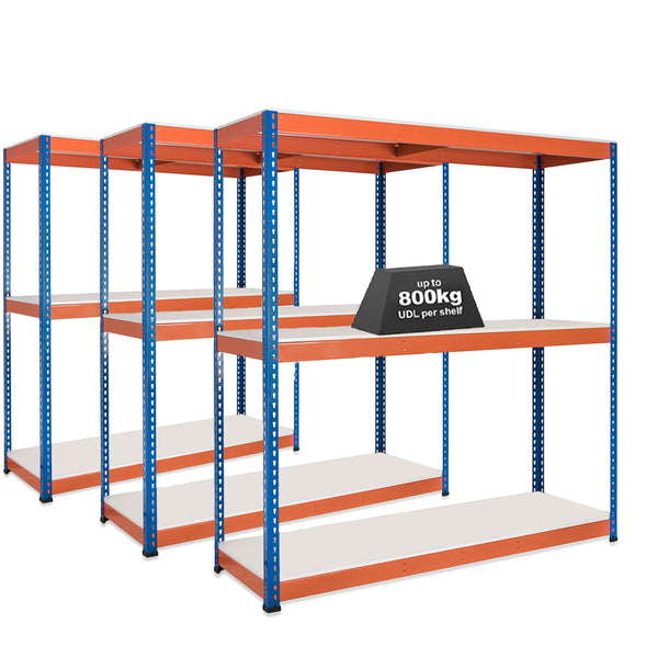 3x SX800 Industrial Shelving - 1980mm High - 800kg - Melamine - Blue & Orange