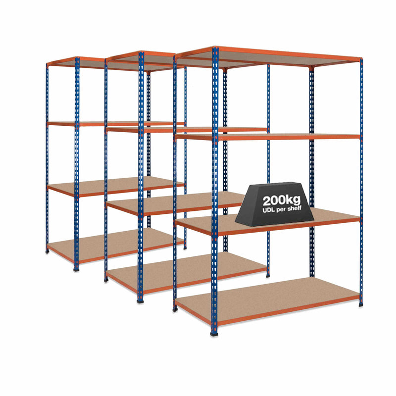 3x SX200 Industrial Shelving - 2440mm High - 200kg - Chipboard - Blue & Orange