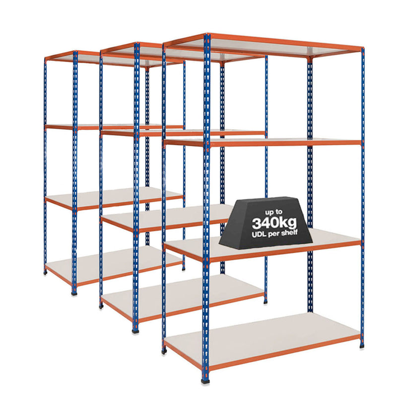 3x SX340 Industrial Shelving - 3050mm High - 340kg - Melamine - Blue & Orange