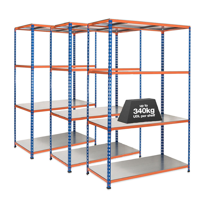 3x SX340 Industrial Shelving - 3050mm High - 340kg - Steel - Blue & Orange