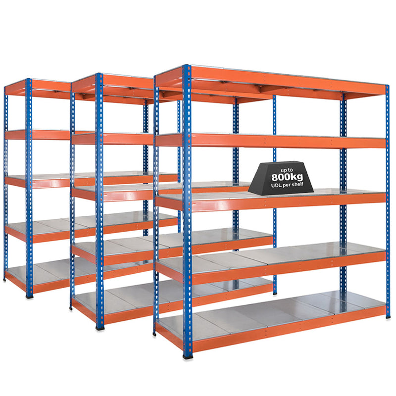 3x SX800 Industrial Shelving - 3050mm High - 800kg - Steel - Blue & Orange