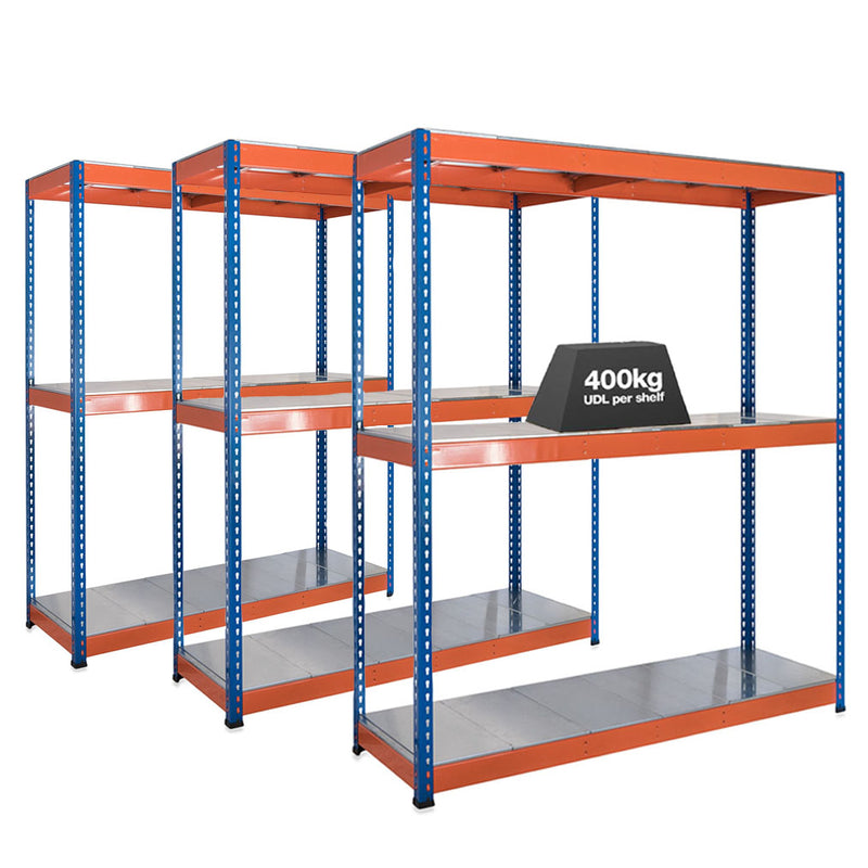 3x SX400 Industrial Shelving - 2440mm High - 400kg - Steel - Blue & Orange