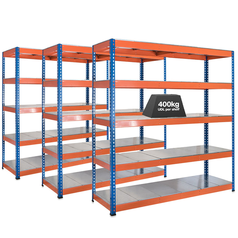 3x SX400 Industrial Shelving - 1980mm High - 400kg - Steel - Blue & Orange