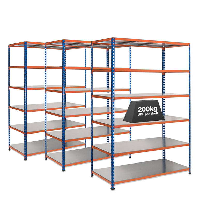 3x SX200 Industrial Shelving - 1830mm High - 200kg - Steel - Blue & Orange