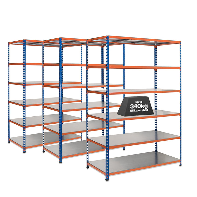 3x SX340 Industrial Shelving - 2440mm High - 340kg - Steel - Blue & Orange