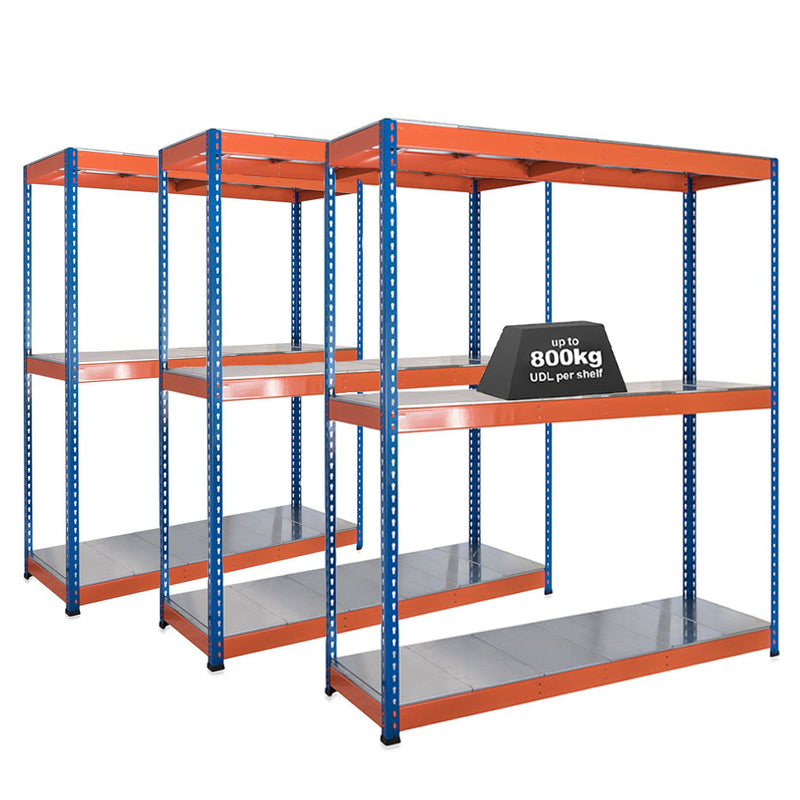 3x SX800 Industrial Shelving - 3050mm High - 800kg - Steel - Blue & Orange