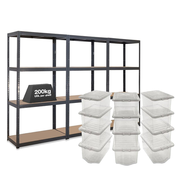 3x VRS Shelving Unit - 1600mm High - Grey with 12x 60L Wham Plastic Storage Boxes