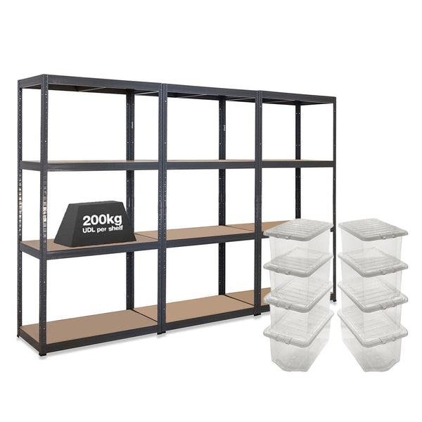 3x VRS Shelving Unit - 1600mm High - Grey with 8x 60L Wham Plastic Storage Boxes