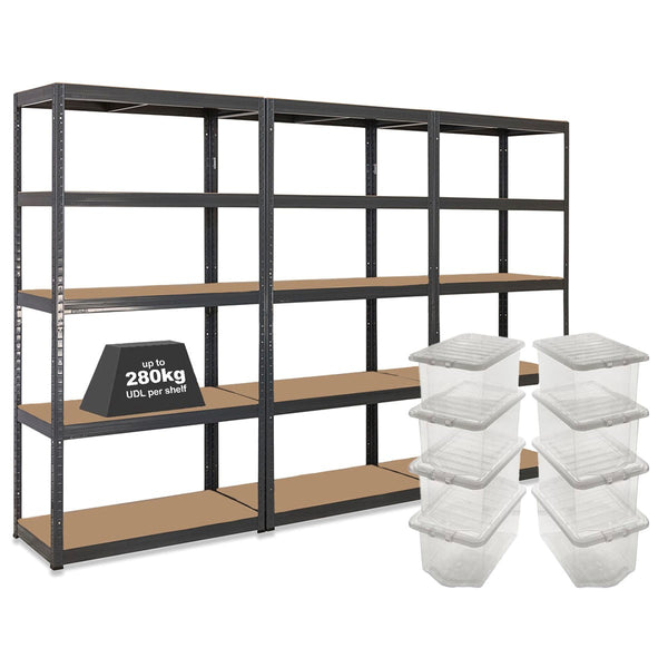 3x VRS Shelving Unit - 1800mm High - Grey with 8x 60L Wham Plastic Storage Boxes