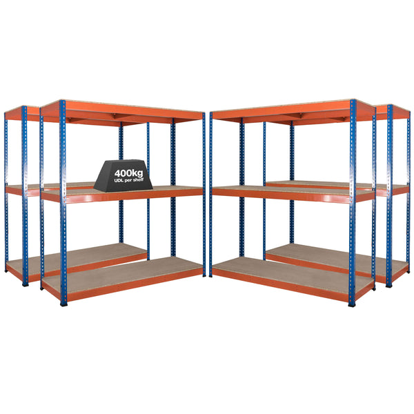 4x SX400 Industrial Shelving - 2440mm High - 400kg - Chipboard - Blue & Orange