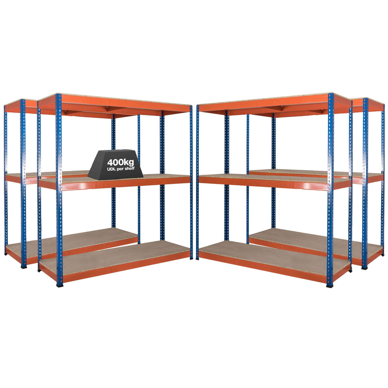 4x SX400 Industrial Shelving - 1677mm High - 400kg - Chipboard - Blue & Orange