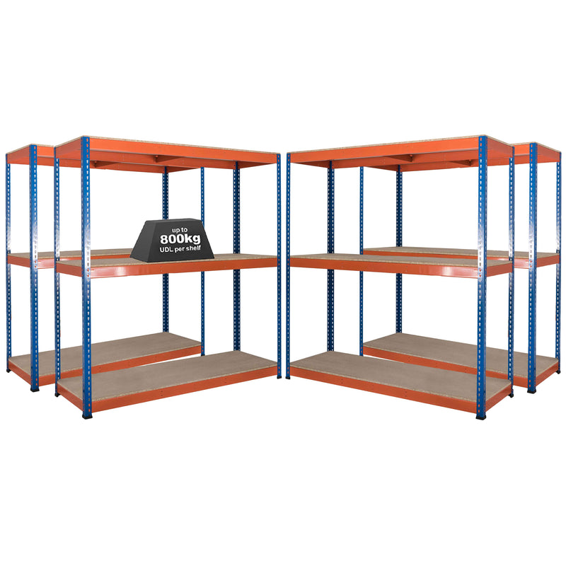 4x SX800 Industrial Shelving - 1980mm High - 800kg - Chipboard - Blue & Orange