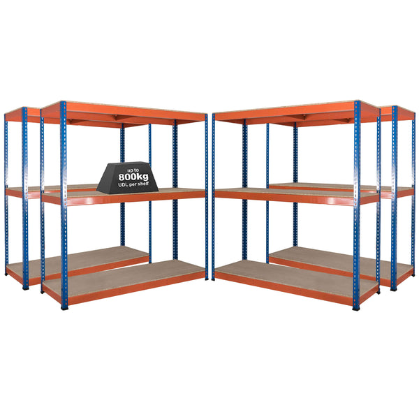 4x SX800 Industrial Shelving - 3050mm High - 800kg - Chipboard - Blue & Orange