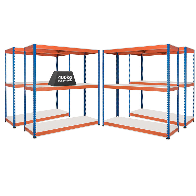 4x SX400 Industrial Shelving - 2440mm High - 400kg - Melamine - Blue & Orange