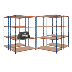 4x SX340 Industrial Shelving - 1980mm High - 340kg - Chipboard - Blue & Orange