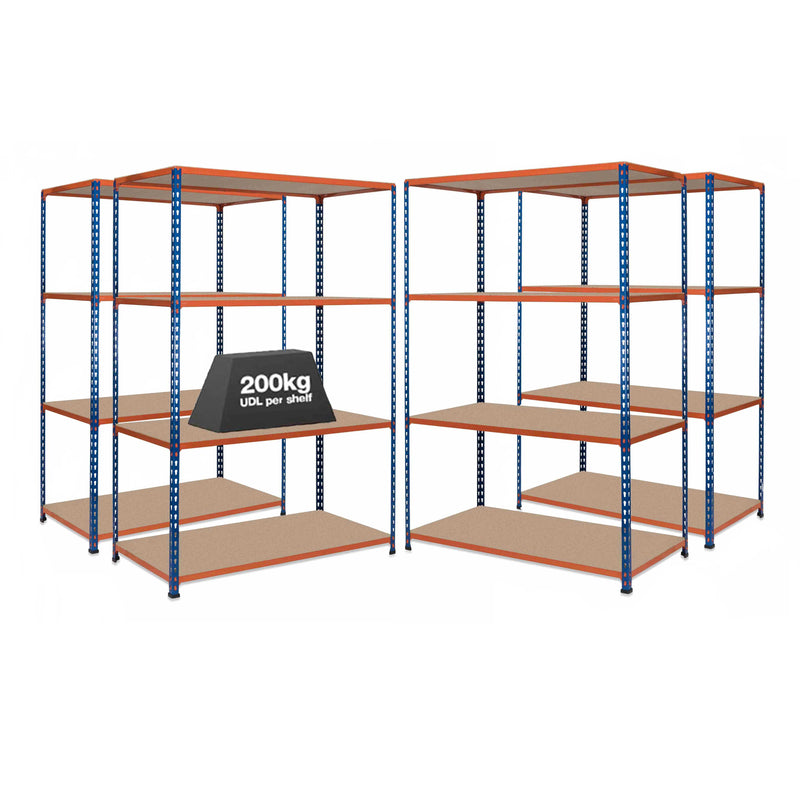 4x SX200 Industrial Shelving - 1830mm High - 200kg - Chipboard - Blue & Orange