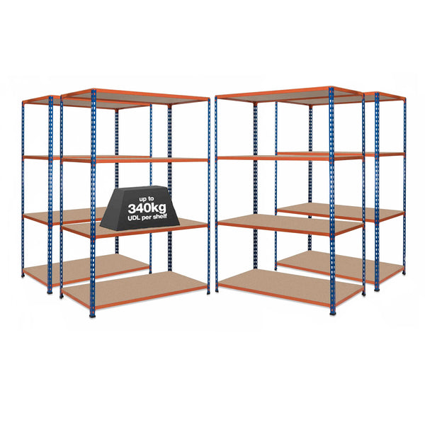 4x SX340 Industrial Shelving - 2440mm High - 340kg - Chipboard - Blue & Orange