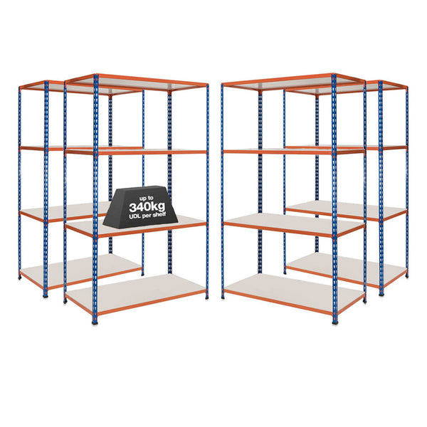 4x SX340 Industrial Shelving - 1980mm High - 340kg - Melamine - Blue & Orange