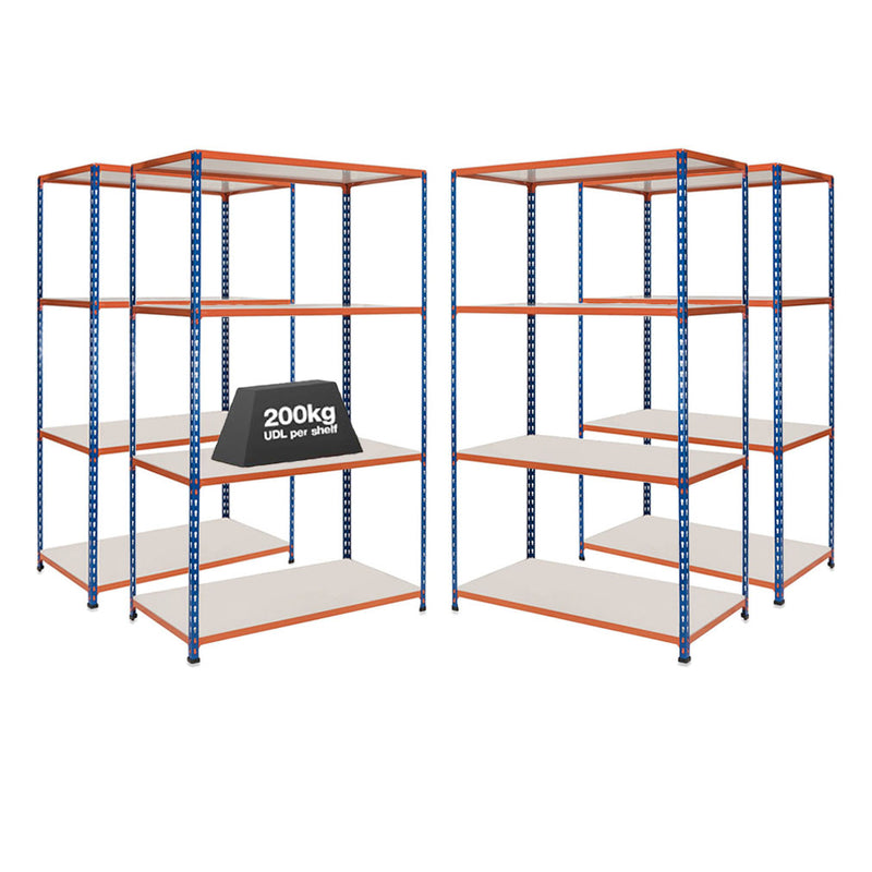 4x SX200 Industrial Shelving - 2440mm High - 200kg - Melamine - Blue & Orange