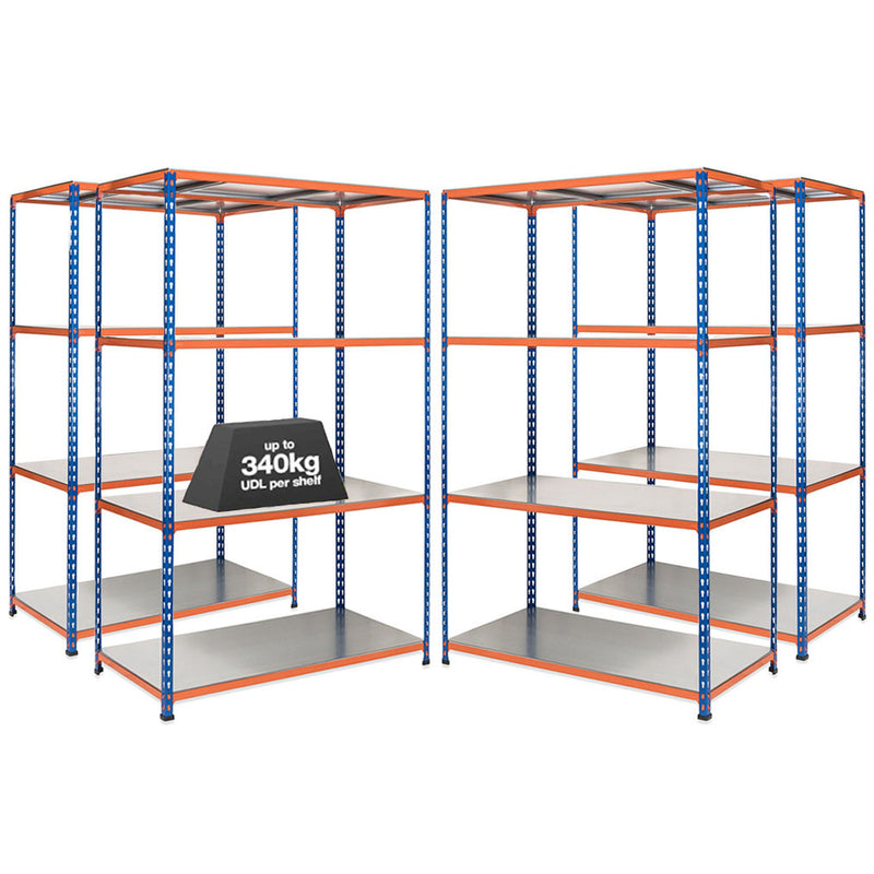 4x SX340 Industrial Shelving - 3050mm High - 340kg - Steel - Blue & Orange