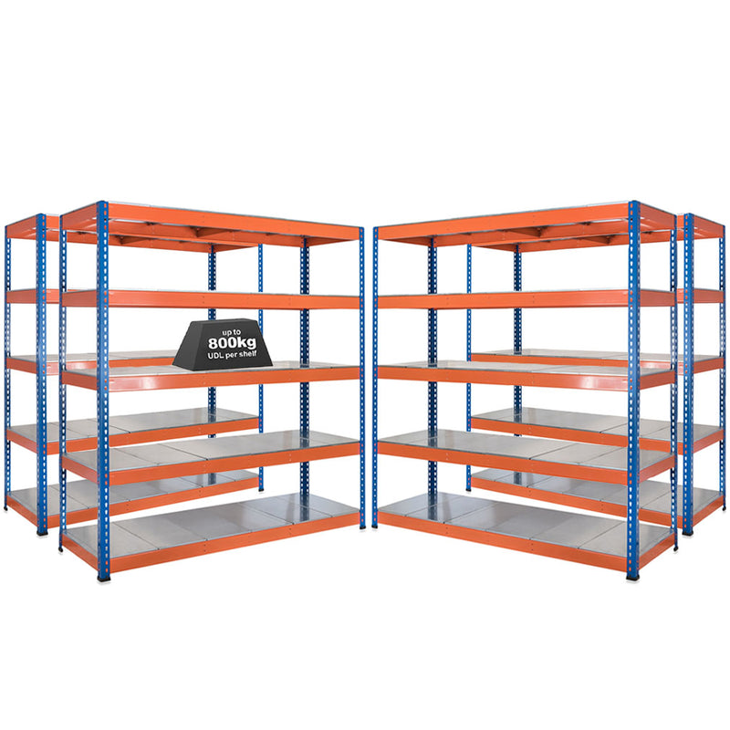 4x SX800 Industrial Shelving - 2440mm High - 800kg - Steel - Blue & Orange