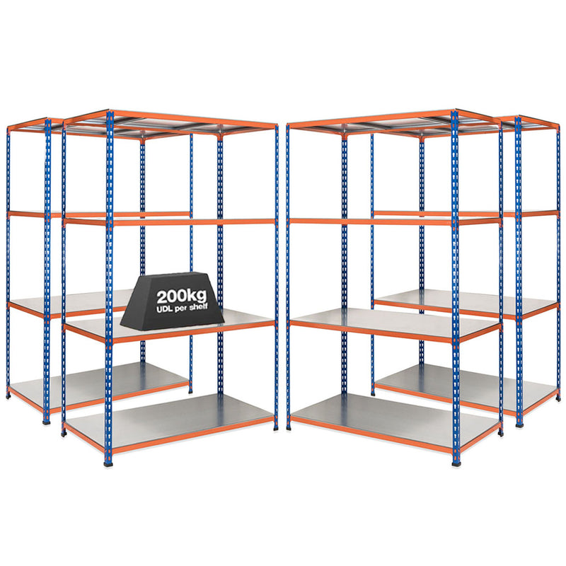 4x SX200 Industrial Shelving - 1830mm High - 200kg - Steel - Blue & Orange