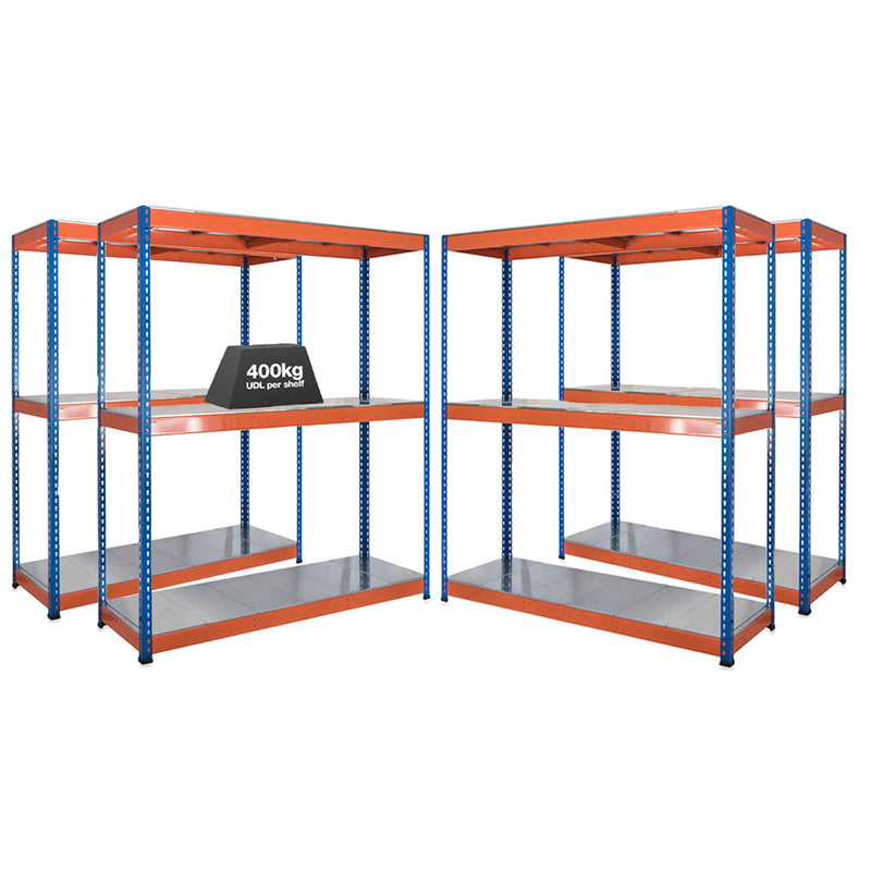 4x SX400 Industrial Shelving - 1677mm High - 400kg - Steel - Blue & Orange