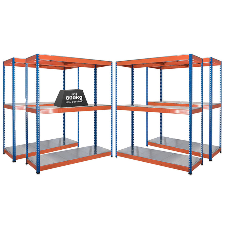 4x SX800 Industrial Shelving - 3050mm High - 800kg - Steel - Blue & Orange