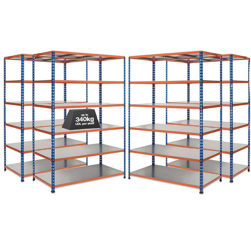 4x SX340 Industrial Shelving - 2440mm High - 340kg - Steel - Blue & Orange