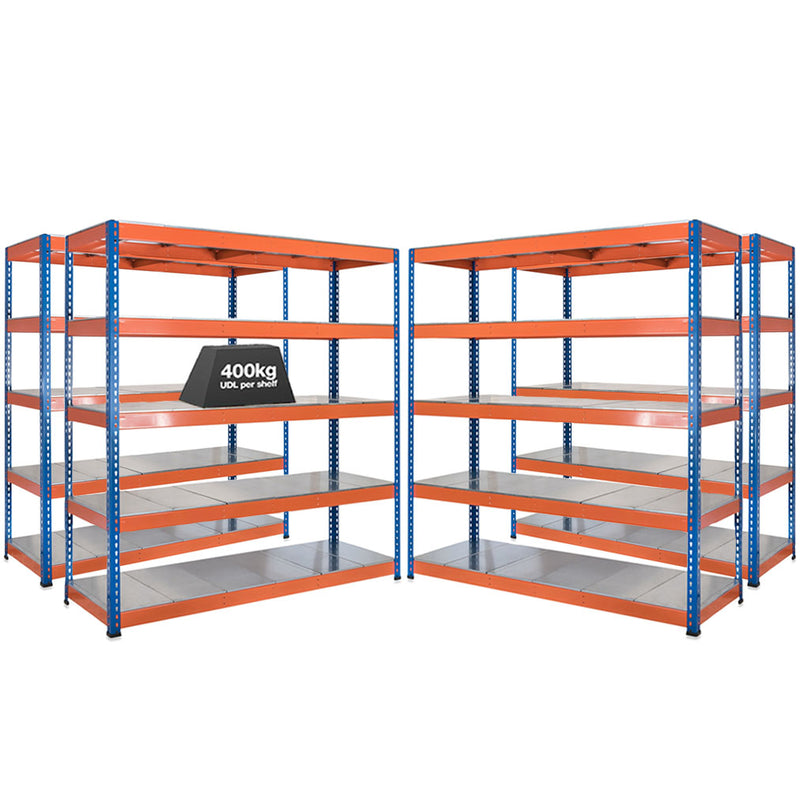 4x SX400 Industrial Shelving - 1677mm High - 400kg - Steel - Blue & Orange