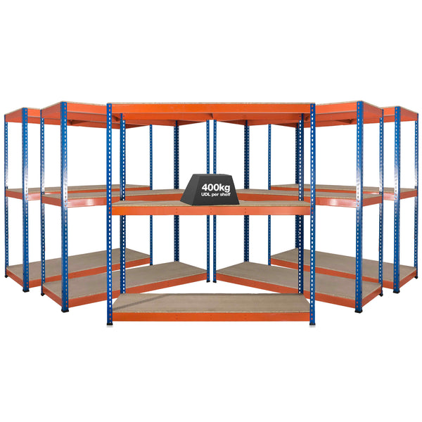 5x SX400 Industrial Shelving - 1677mm High - 400kg - Chipboard - Blue & Orange