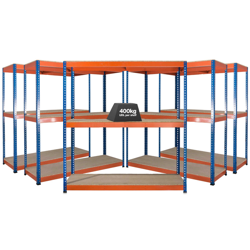 5x SX400 Industrial Shelving - 1677mm High - 400kg - Chipboard - Blue & Orange