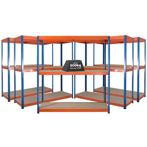 5x SX800 Industrial Shelving - 1980mm High - 800kg - Chipboard - Blue & Orange