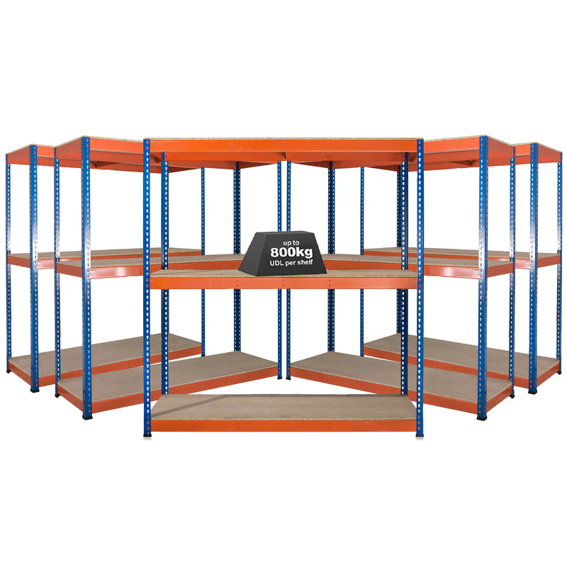 5x SX800 Industrial Shelving - 3050mm High - 800kg - Chipboard - Blue & Orange