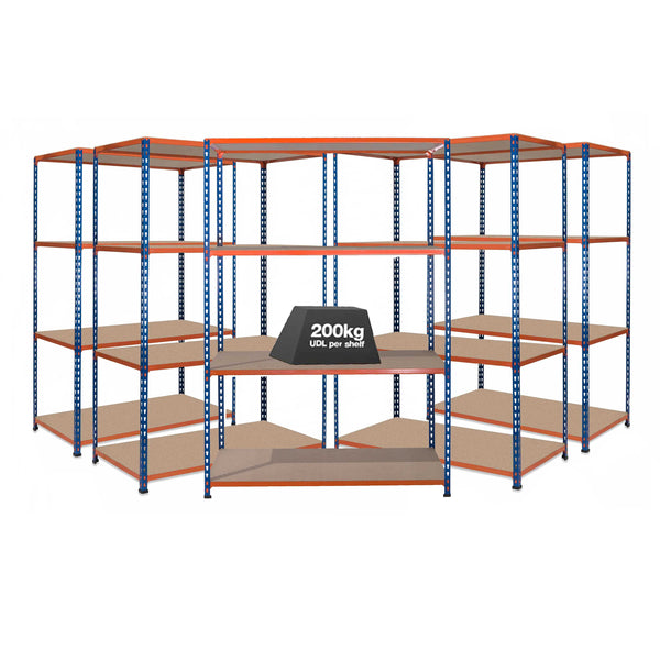 5x SX200 Industrial Shelving - 1830mm High - 200kg - Chipboard - Blue & Orange