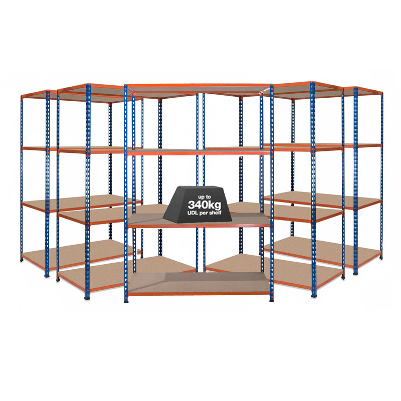 5x SX340 Industrial Shelving - 2440mm High - 340kg - Chipboard - Blue & Orange