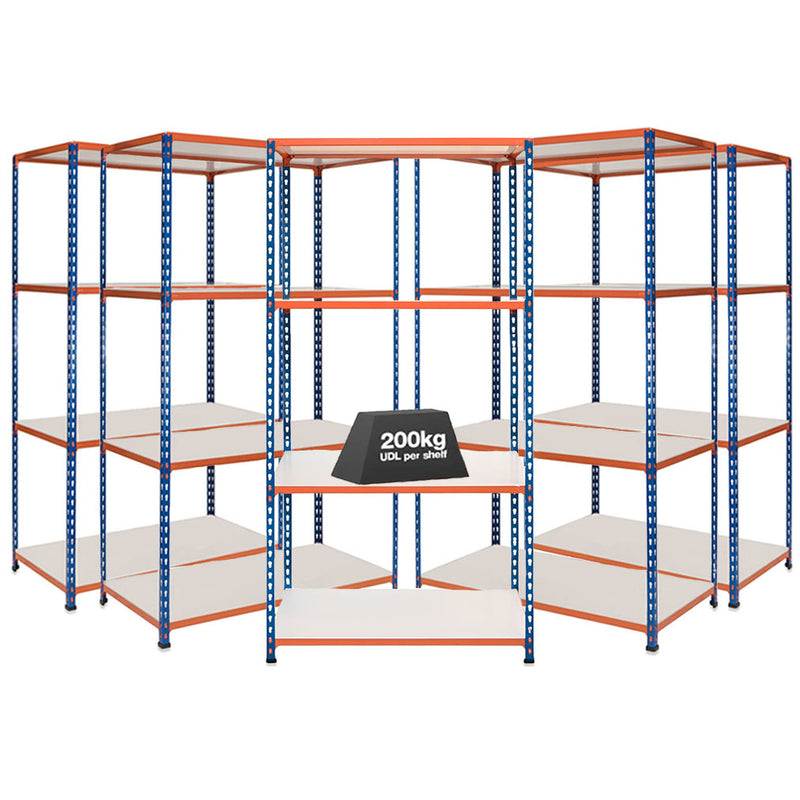 5x SX200 Industrial Shelving - 2440mm High - 200kg - Melamine - Blue & Orange