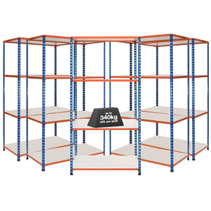 5x SX340 Industrial Shelving - 1980mm High - 340kg - Melamine - Blue & Orange